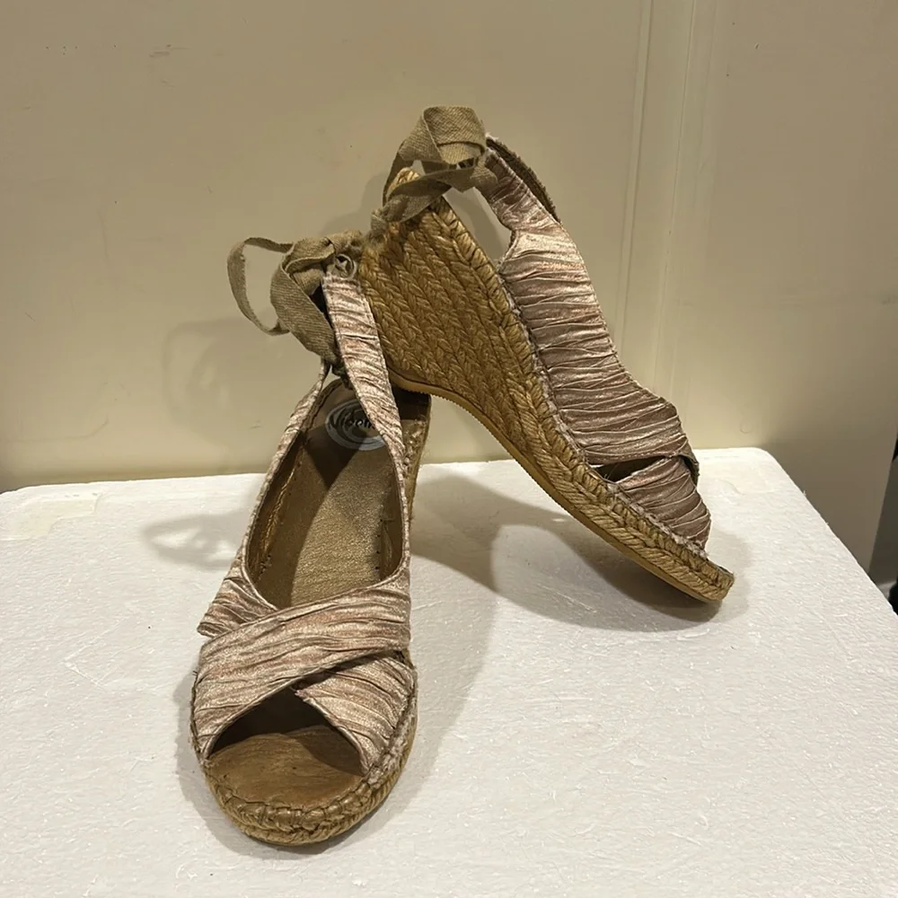 Vidorreta Espadrille Wedge Sandals open toe sling back faux tie satiny pleat 38